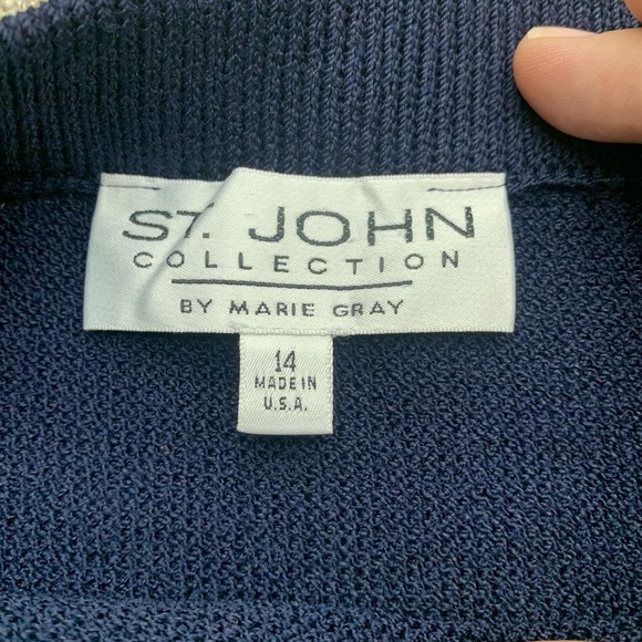 St. John Collection Santana Knit Jacket Skirt Set Blue Womens 14 Blazer Cardigan - Picture 11 of 15